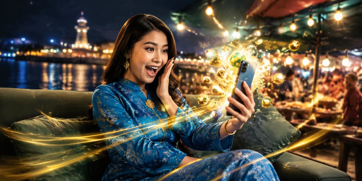 Pemain Malaysia berpakaian tradisional baju kurung menyemak tawaran promosi dan bonus lotteri